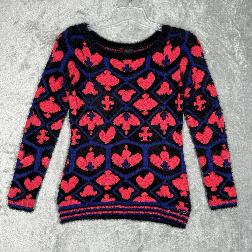 Desigual Sweater Women Small Pink Black Fuzzy Fleur de Lis Casual Colorful Artsy - Picture 2 of 9